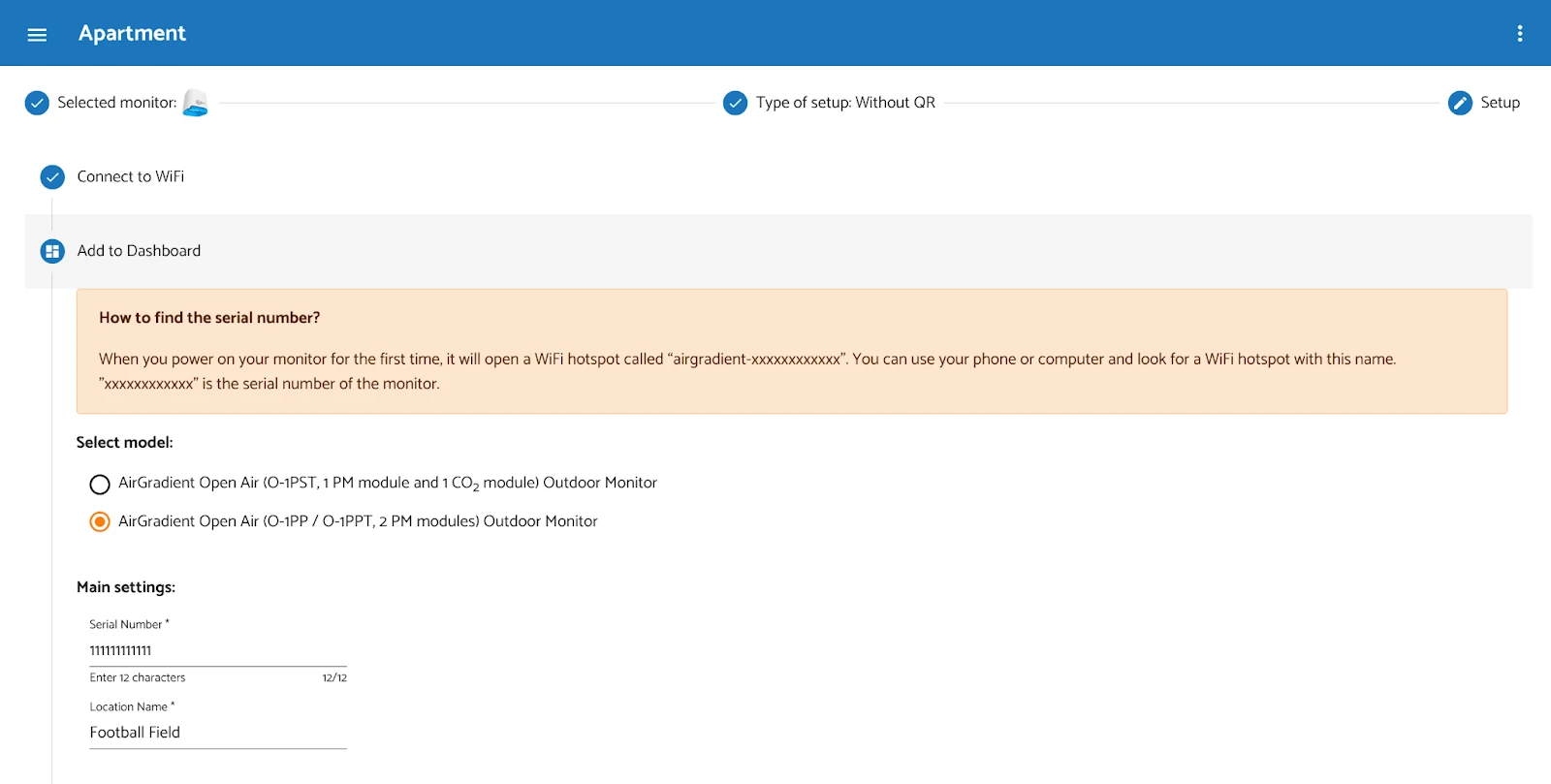 Onboarding page, Entered Serial Number & Location Name