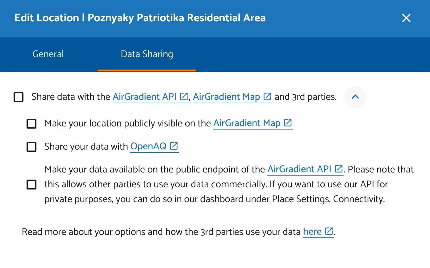 Sharing options on ‘Data Sharing’ tab